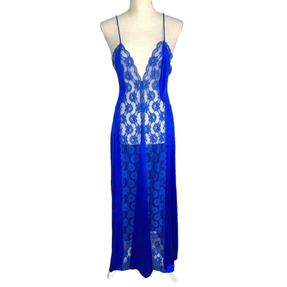 Vintage 70s Val Mode Blue Lace Full Length Spaghetti Strap Nightgown Medium - Picture 2 of 13